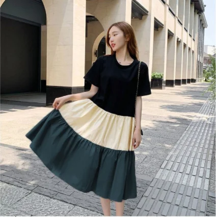 Pregnant Summer Maternity Clothes Green Beige Short Sleeve O-neck Drawstring Waist Pregnant Woman Ball Gown Dress Chiffon Dress