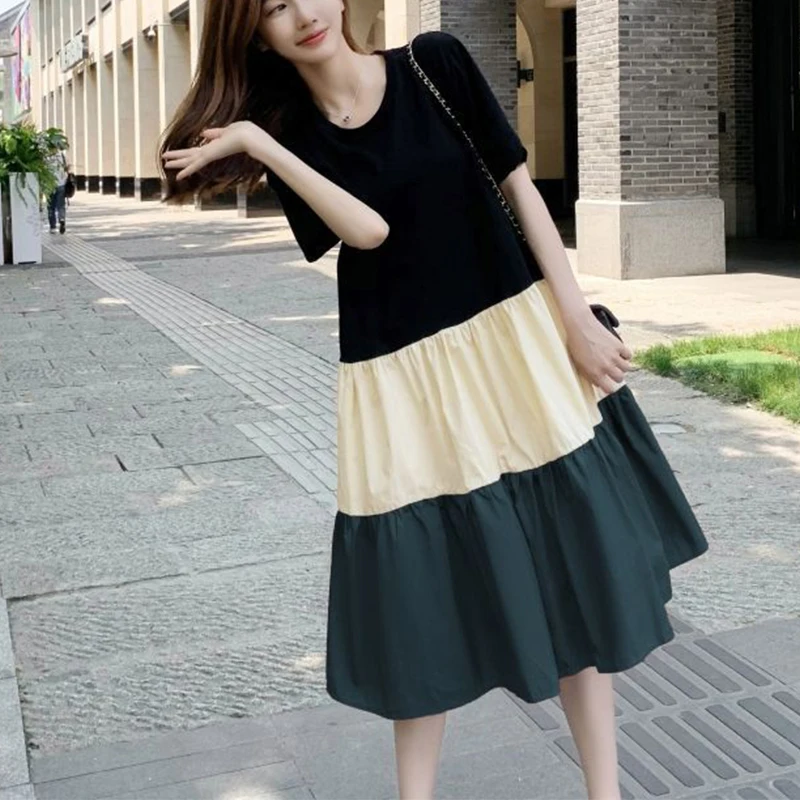 Pregnant Summer Maternity Clothes Green Beige Short Sleeve O-neck Drawstring Waist Pregnant Woman Ball Gown Dress Chiffon Dress