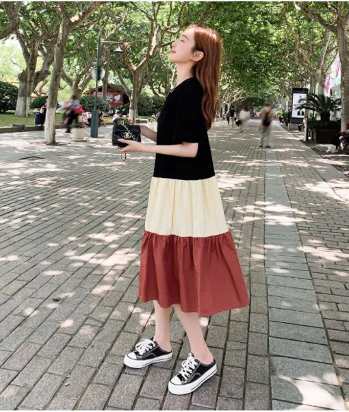 Pregnant Summer Maternity Clothes Green Beige Short Sleeve O-neck Drawstring Waist Pregnant Woman Ball Gown Dress Chiffon Dress