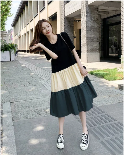 Pregnant Summer Maternity Clothes Green Beige Short Sleeve O-neck Drawstring Waist Pregnant Woman Ball Gown Dress Chiffon Dress