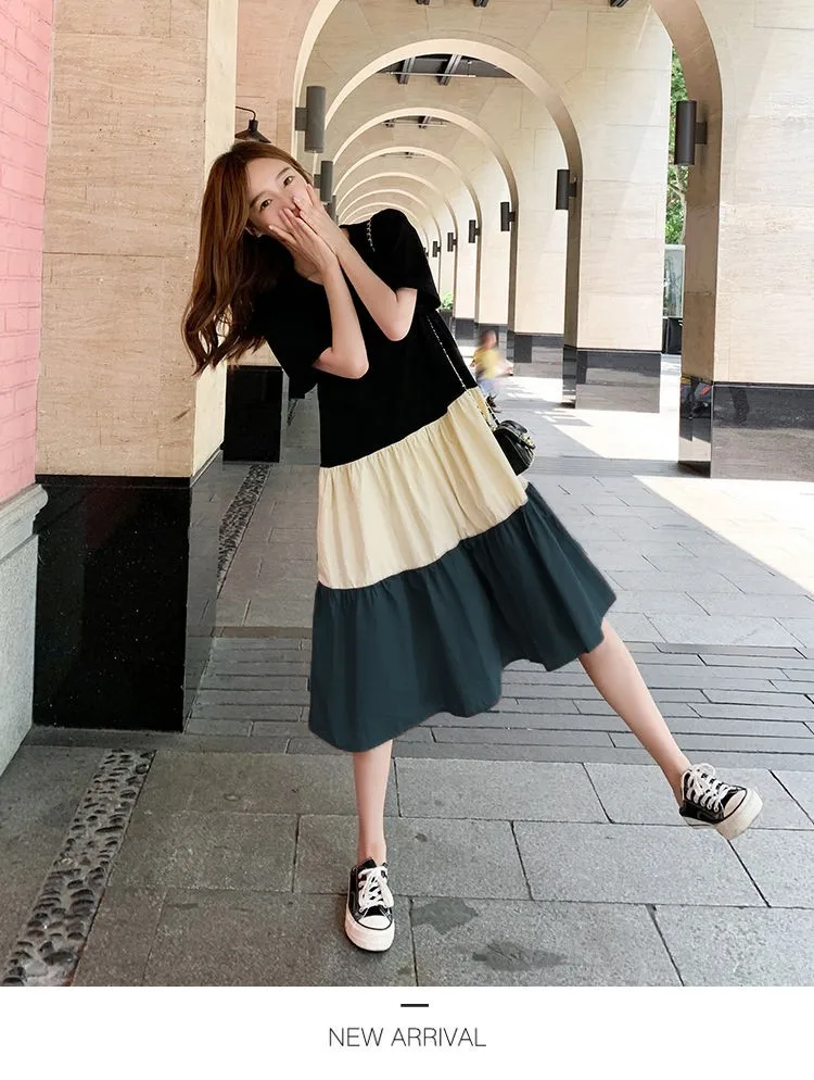 Pregnant Summer Maternity Clothes Green Beige Short Sleeve O-neck Drawstring Waist Pregnant Woman Ball Gown Dress Chiffon Dress