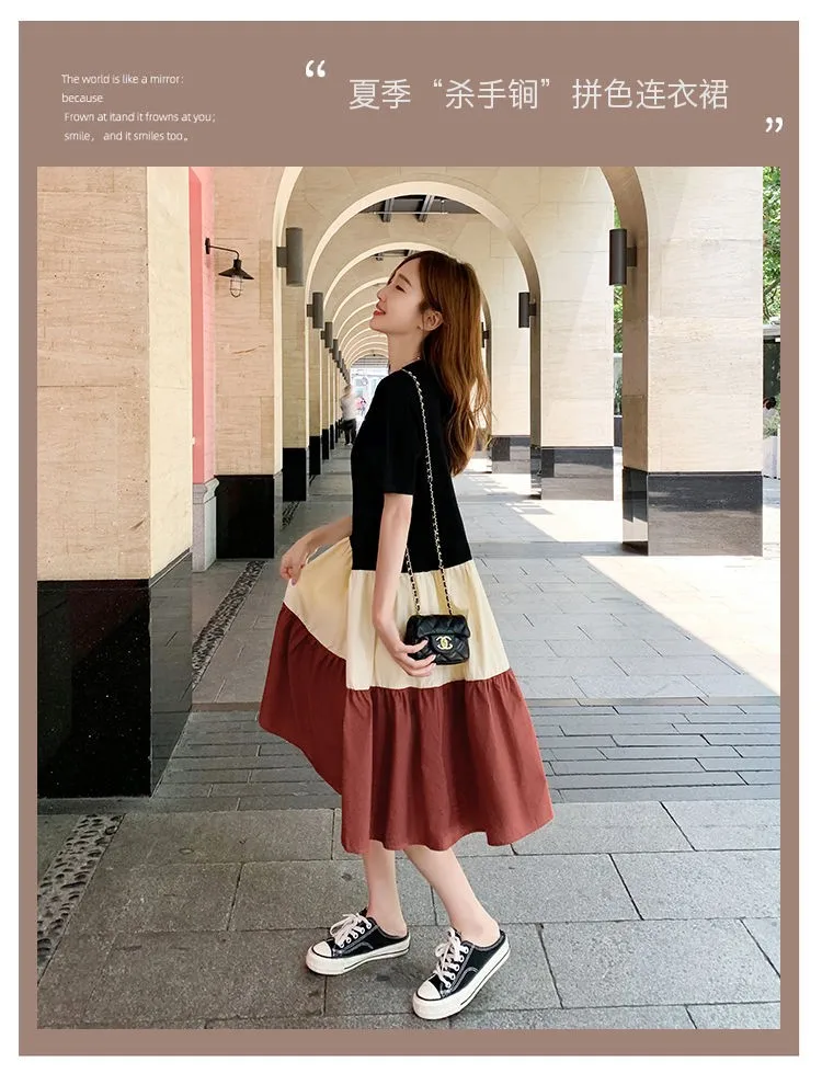 Pregnant Summer Maternity Clothes Green Beige Short Sleeve O-neck Drawstring Waist Pregnant Woman Ball Gown Dress Chiffon Dress