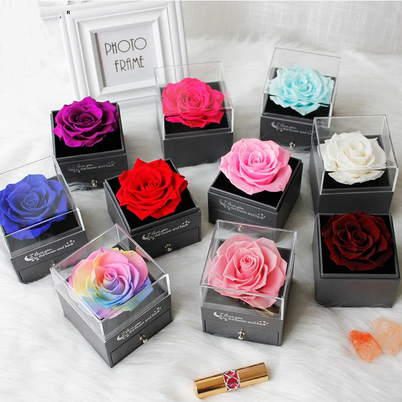 Eternal Rose Flower Jewelry Gift Box Ring Earrings Necklace Storage Boxes Wedding Christmas Valentines Artificial Jewellery Case