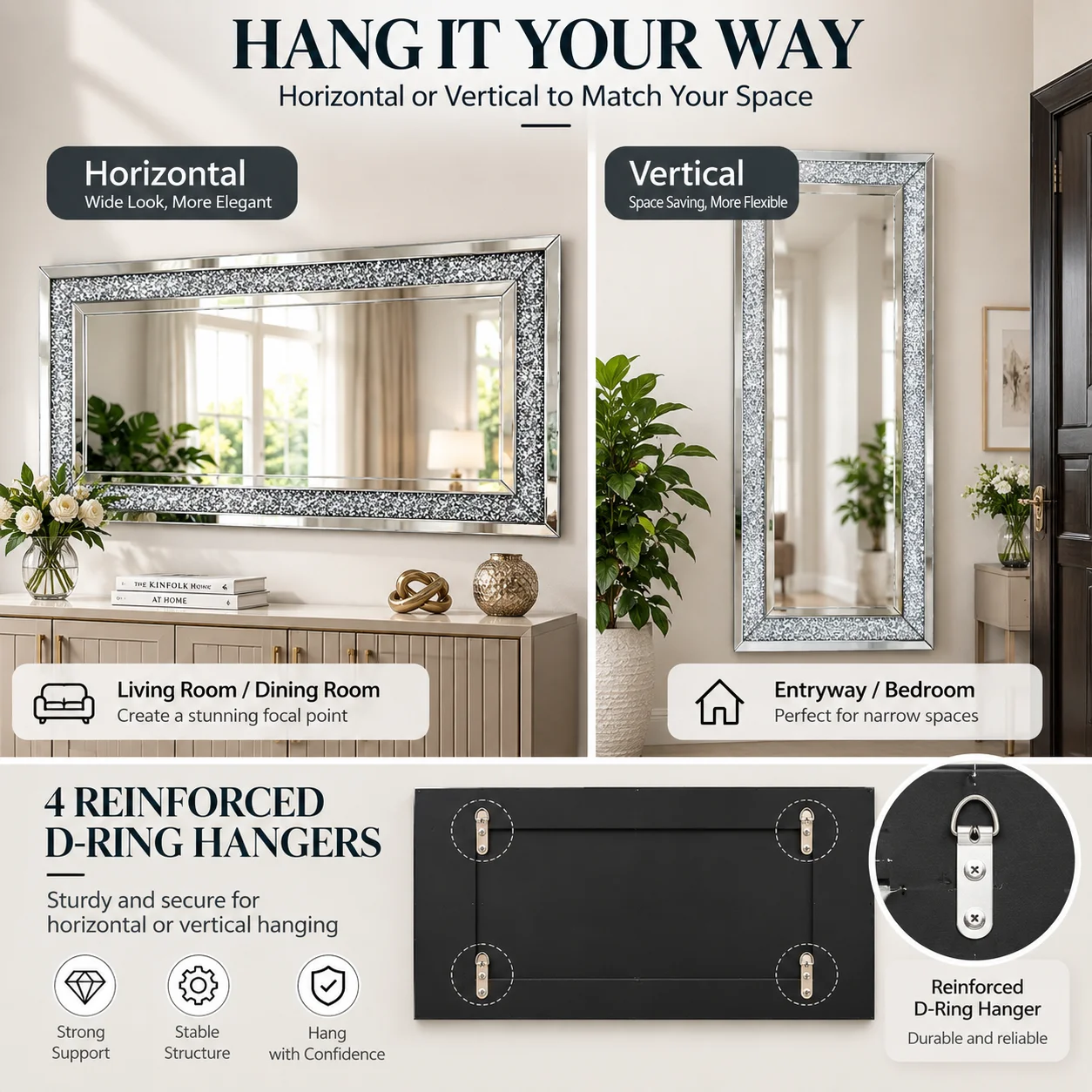 Large Decorative Wall Mirror 47.2 x 23.6 Inch Silver Crystal Rectangle Mirror Wall Mounted for Living Room Bedroom Entryway