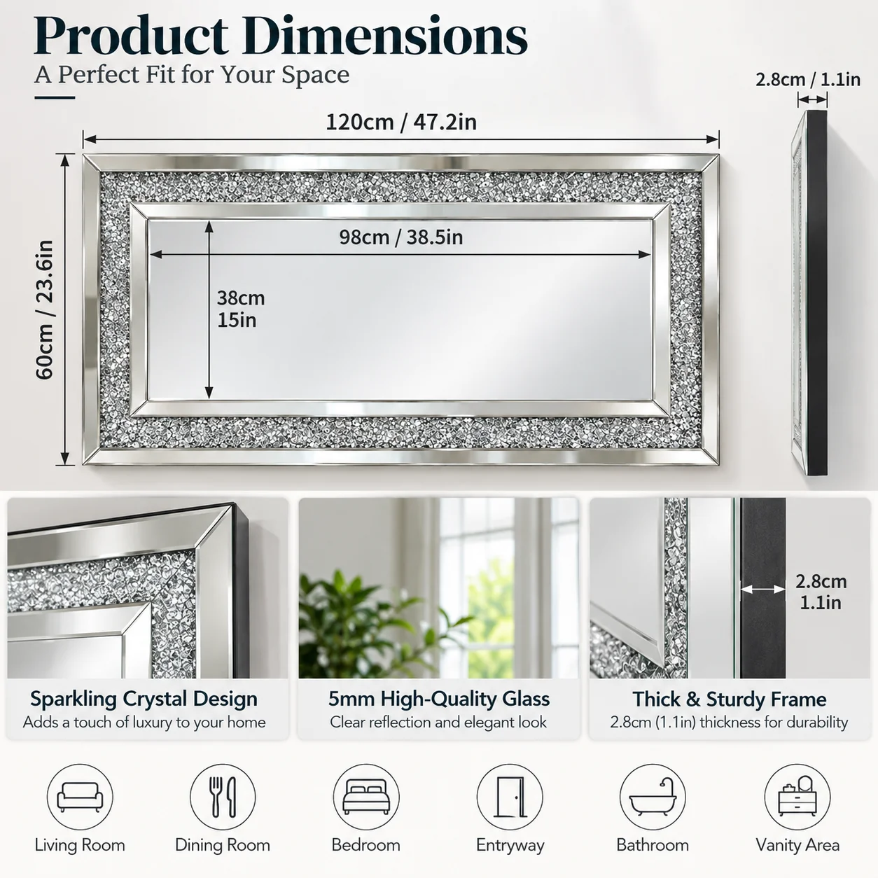 Large Decorative Wall Mirror 47.2 x 23.6 Inch Silver Crystal Rectangle Mirror Wall Mounted for Living Room Bedroom Entryway