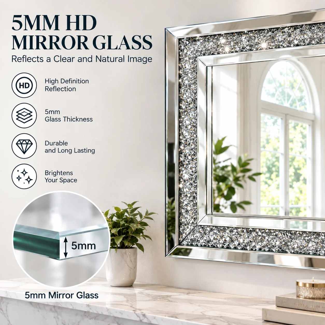 Large Decorative Wall Mirror 47.2 x 23.6 Inch Silver Crystal Rectangle Mirror Wall Mounted for Living Room Bedroom Entryway