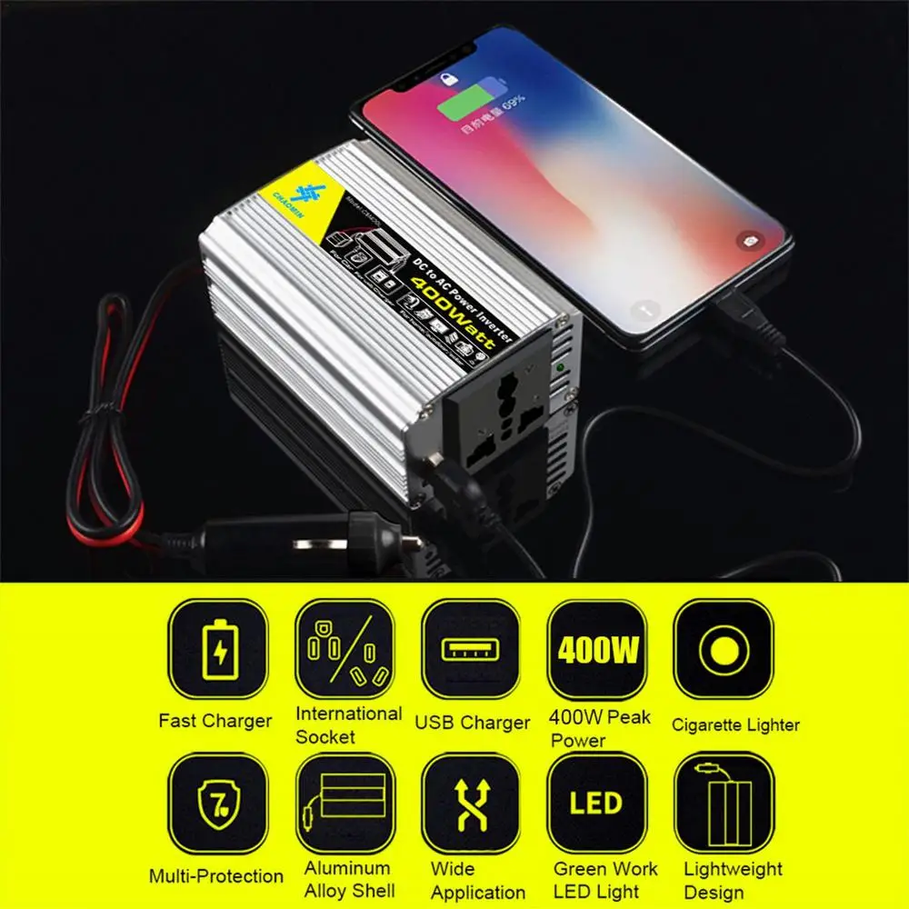 Pure Sine Wave Inverter 12V To 220V 400W DC To AC Voltage Converter Car Power Inverter Outdoor Solar Inverter Truck Auto Charger