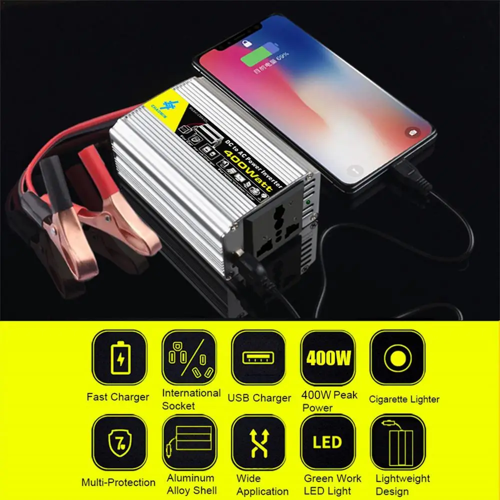 Pure Sine Wave Inverter 12V To 220V 400W DC To AC Voltage Converter Car Power Inverter Outdoor Solar Inverter Truck Auto Charger