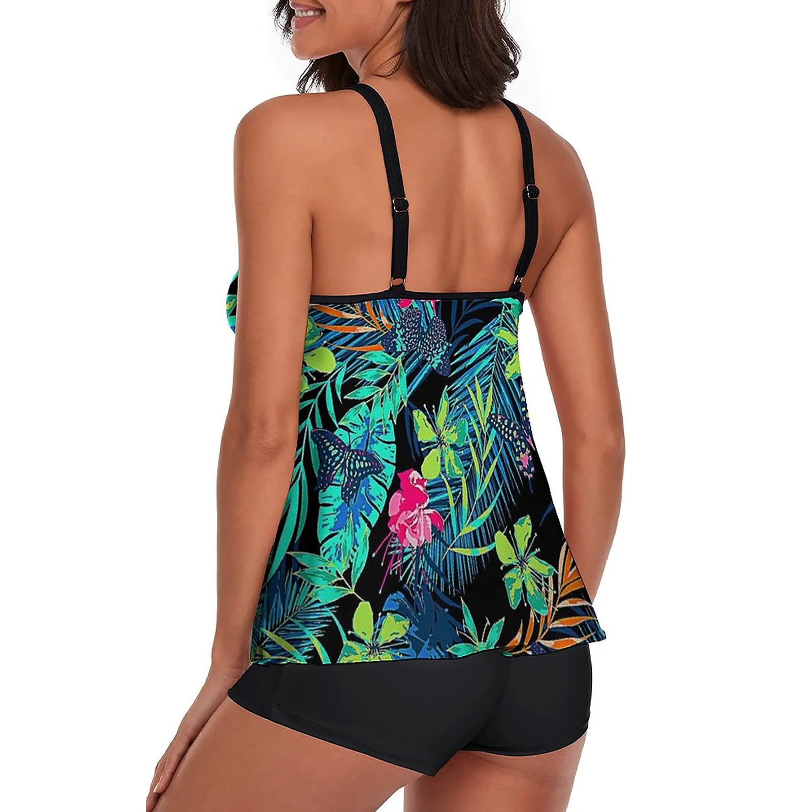 Flowy Tankini Bathing Suits For Women Push Up Padded Tummy Control Swimsuits Two Piece Swimwear Tank Tops With Boyshorts