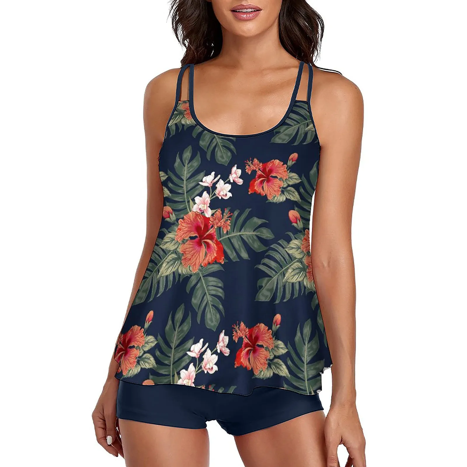 Flowy Tankini Bathing Suits For Women Push Up Padded Tummy Control Swimsuits Two Piece Swimwear Tank Tops With Boyshorts