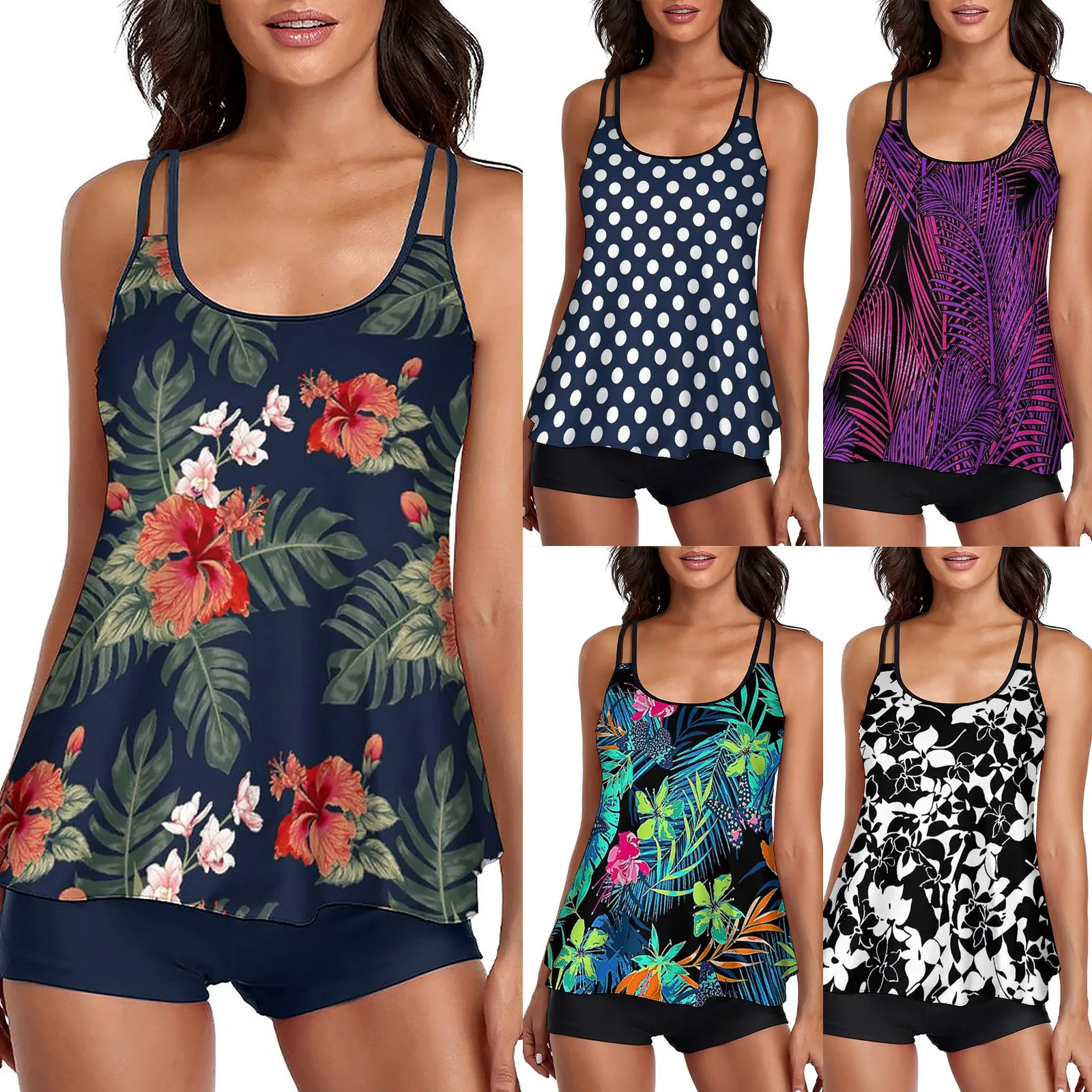 Flowy Tankini Bathing Suits For Women Push Up Padded Tummy Control Swimsuits Two Piece Swimwear Tank Tops With Boyshorts