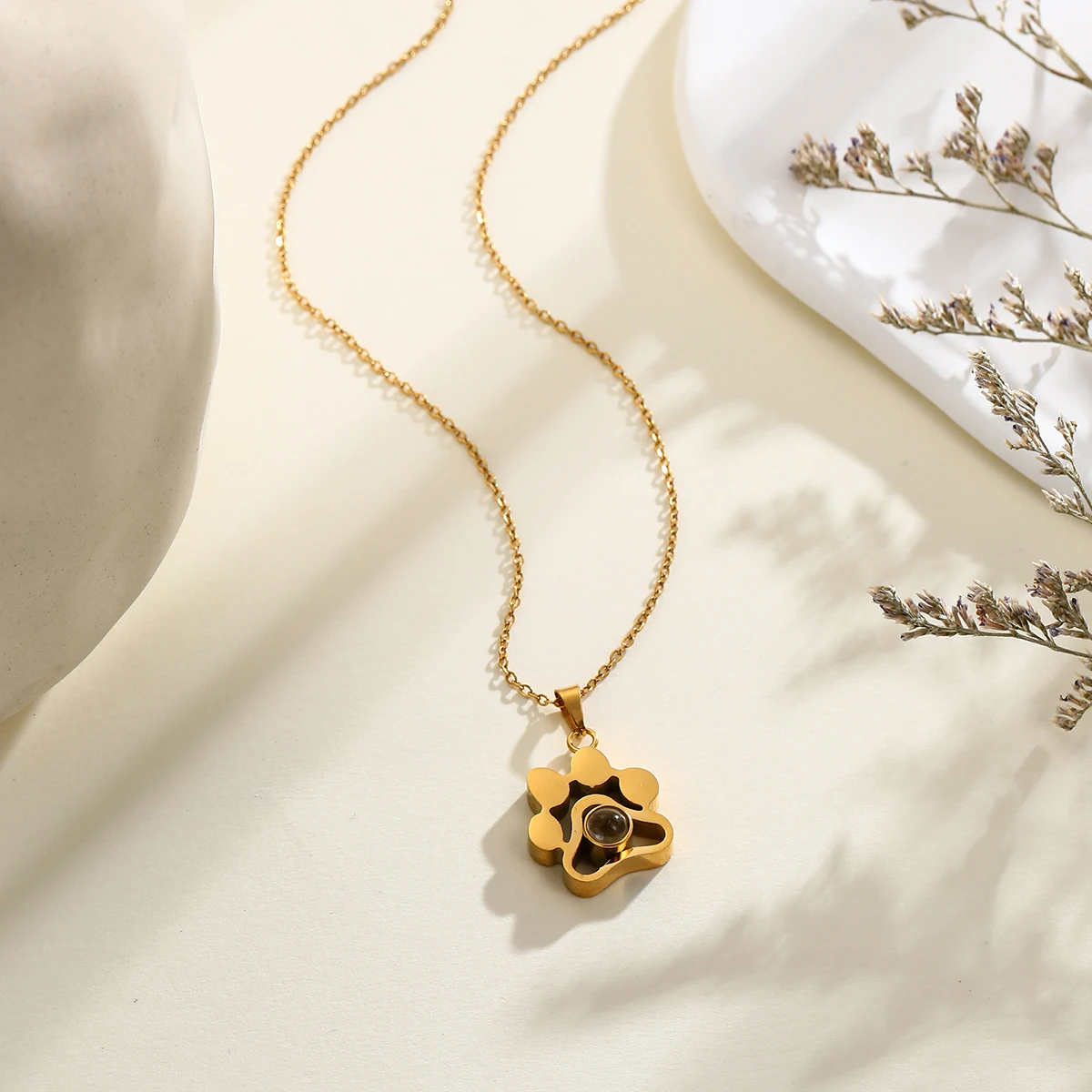 Custom Pet Photo Projection Necklace Personalized Dog Paw Pendant Custom Picture Stainless Steel Necklace Memorial Gift Jewelry