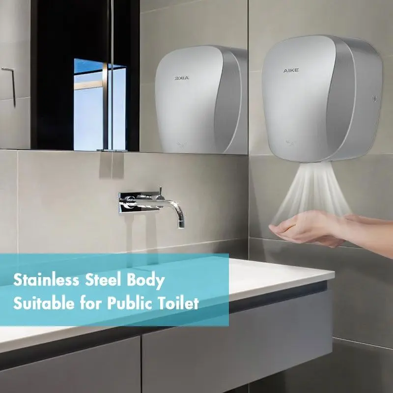 AIKE Air Tank Heavy Duty Automatic Hand Dryer HEPA Filter UL Approved 1450W Brushed Stainless Steel Finish Hand Drying Machine