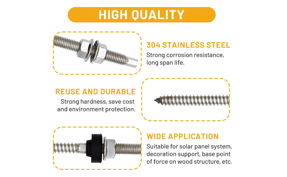 6/10Sets of SUS304 Stainless Steel Solar Hanging Bracket Bolt Set for Solar Panel Mount Kit for Any Wooden Beams