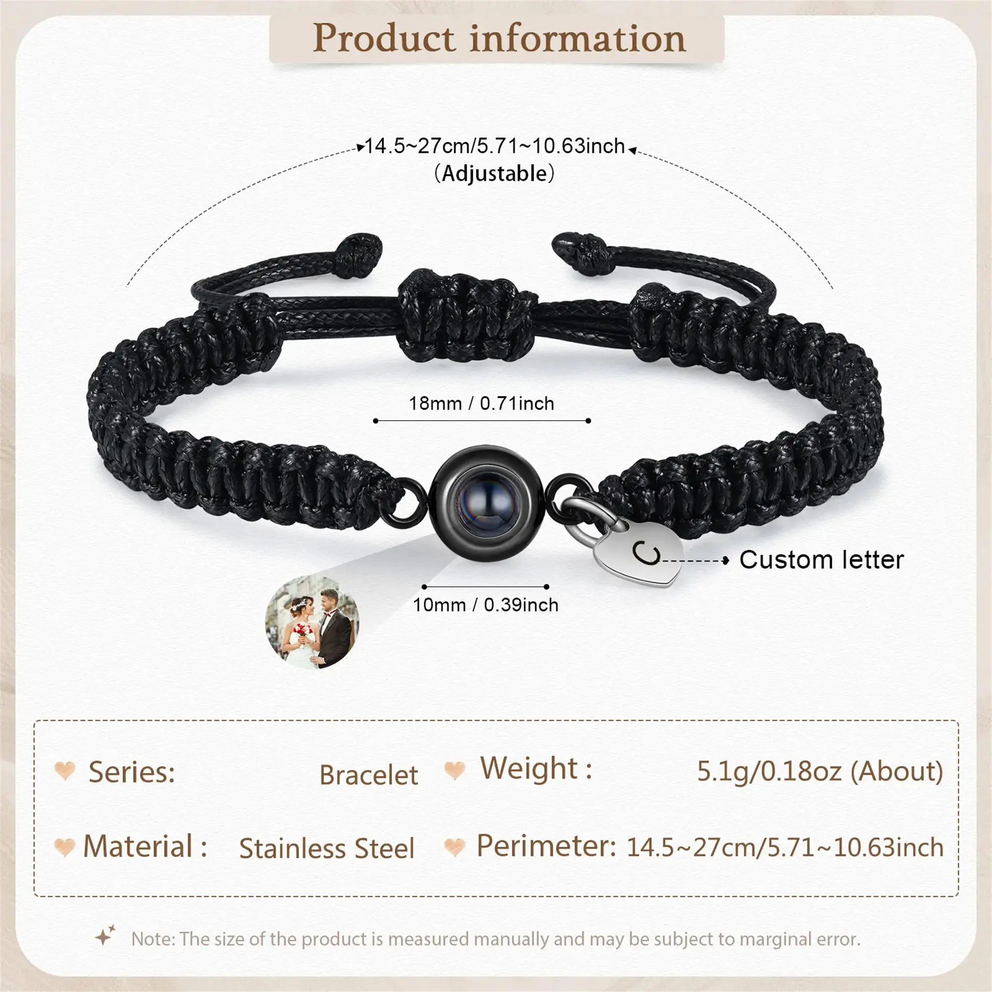 Mother's Day Gift Custom Photo Projection Beaded Adjustable Braid Bracelets Personalized Letter Heart Pendant Bracelet