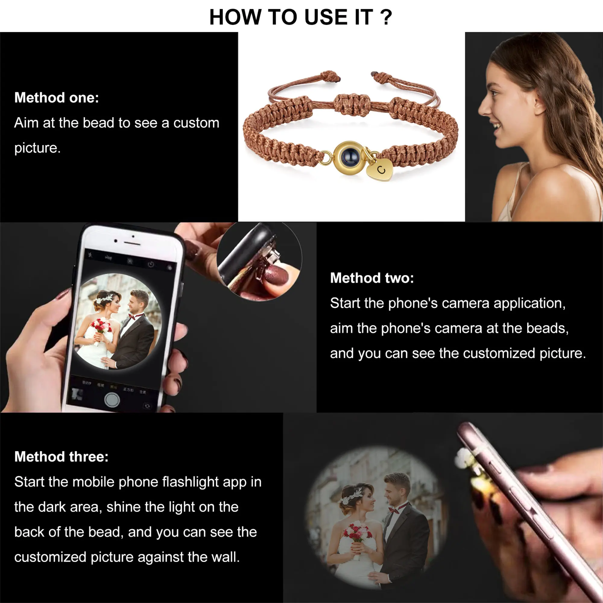 Mother's Day Gift Custom Photo Projection Beaded Adjustable Braid Bracelets Personalized Letter Heart Pendant Bracelet