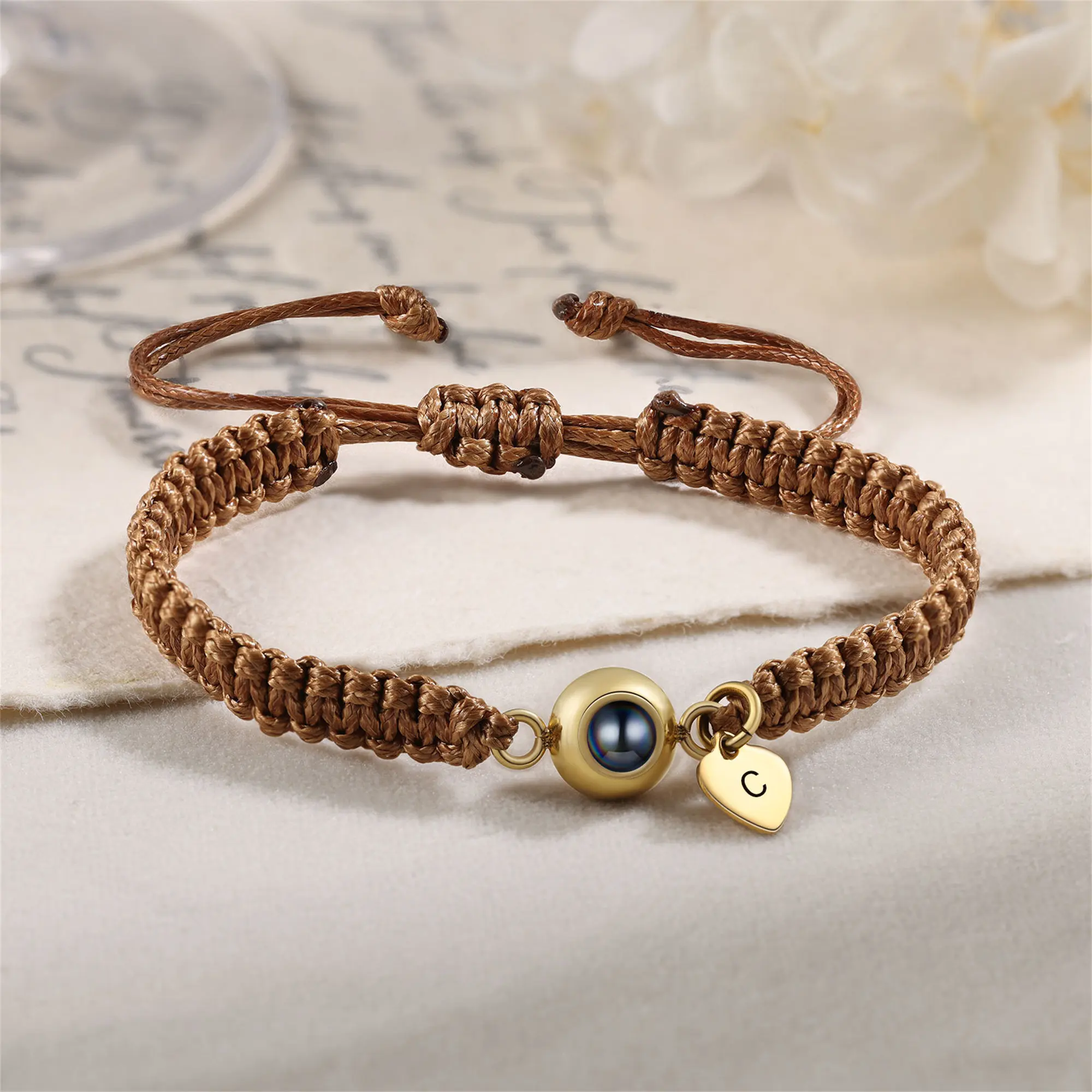 Mother's Day Gift Custom Photo Projection Beaded Adjustable Braid Bracelets Personalized Letter Heart Pendant Bracelet