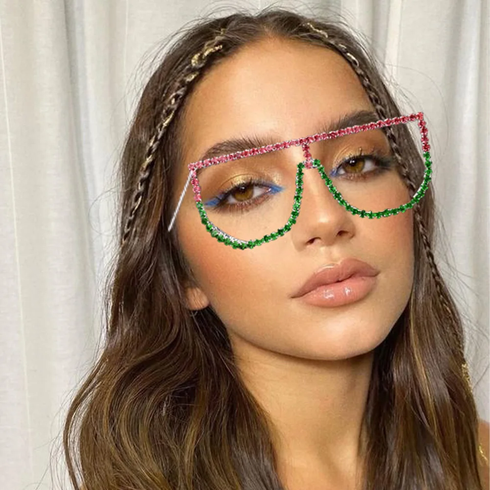 Stonefans New Pind and Green Patchwork Eyeglass Frames for Women 2024 Vintage Oversized Face Hair Jewelry Accessories Sunglasses