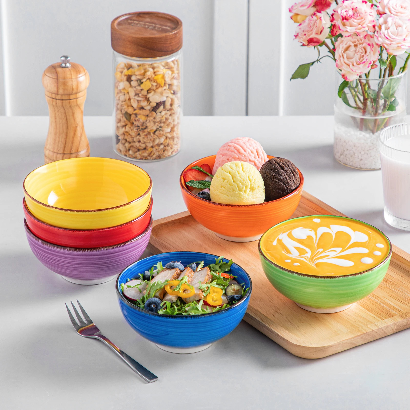 Vancasso Bonita 6-Piece 380ML/820ML Porcelain Vintage Handpainted Ceramic Soup/Mixing/Fruit/Noodle/Ramen Large Serving Bowl Set