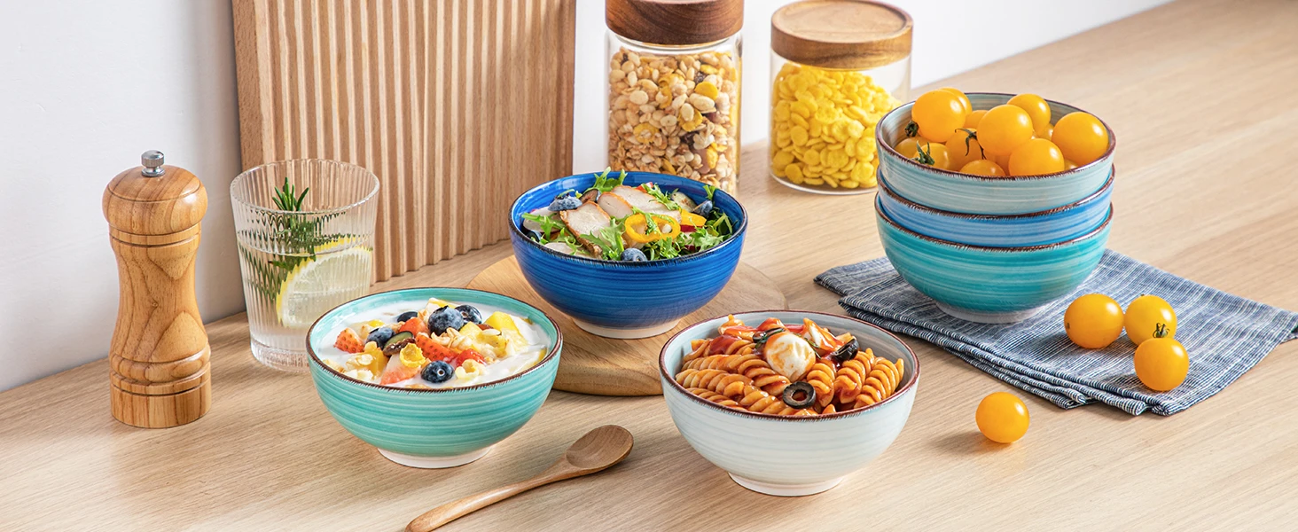 Vancasso Bonita 6-Piece 380ML/820ML Porcelain Vintage Handpainted Ceramic Soup/Mixing/Fruit/Noodle/Ramen Large Serving Bowl Set