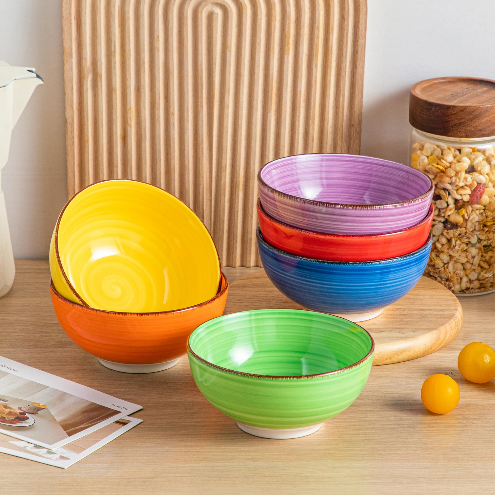 Vancasso Bonita 6-Piece 380ML/820ML Porcelain Vintage Handpainted Ceramic Soup/Mixing/Fruit/Noodle/Ramen Large Serving Bowl Set
