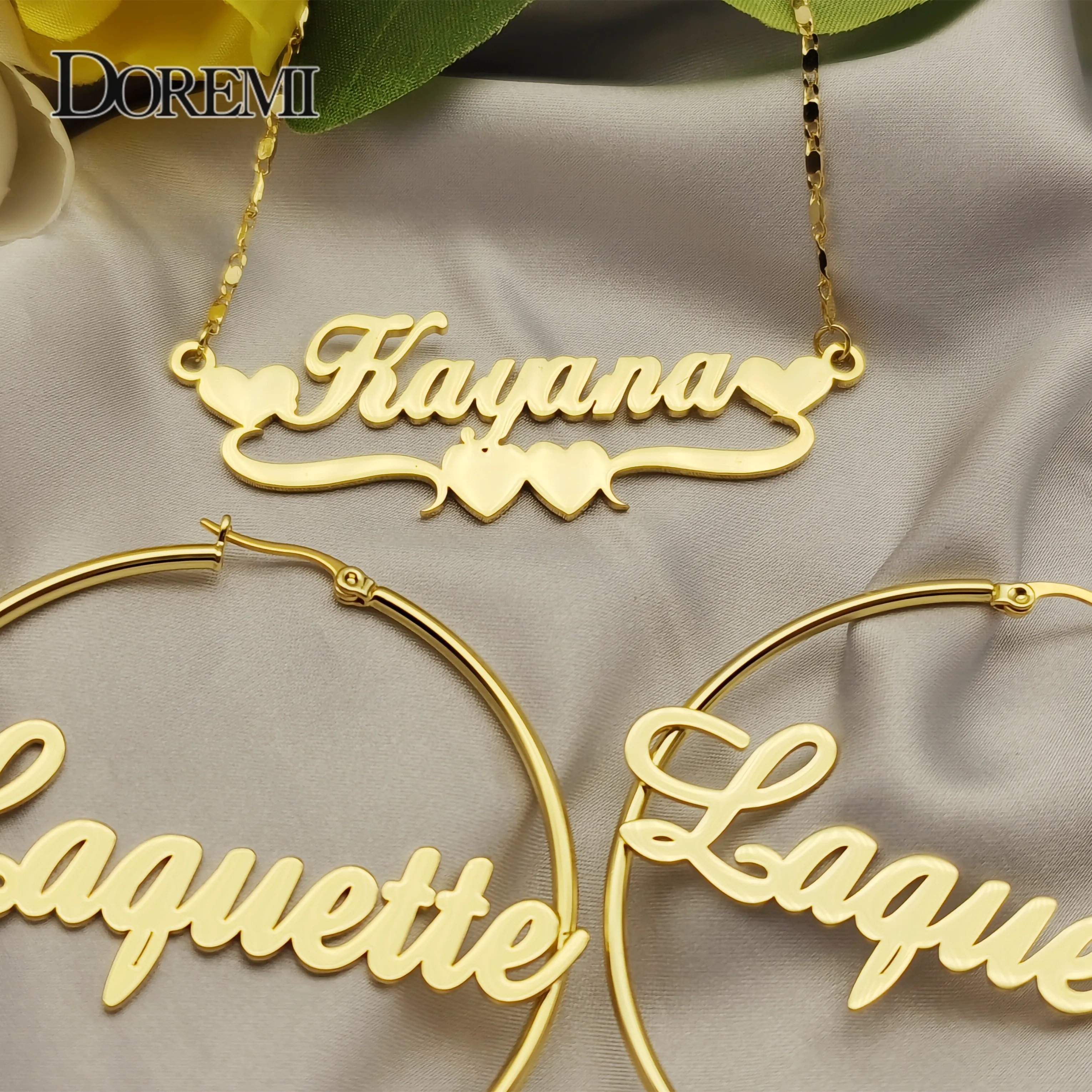 DOREMI One Name Earrings and Necklace set Tile Chain Round Regular Hoops Earrings Custom Letter Hoop Personalized Name Earrings
