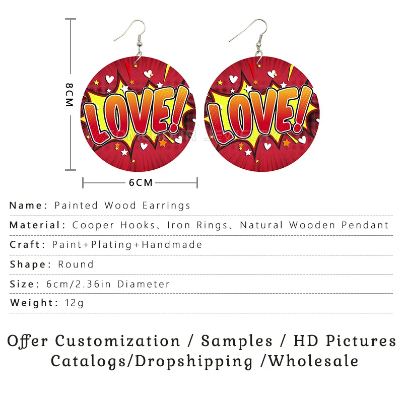 SOMEHOUR Love Queen Boom Comic Print Wooden Drop Earrings OMG LOL Bubble Cartoon Cute Pop Loops Dangle Jewelry Women Girls Gift