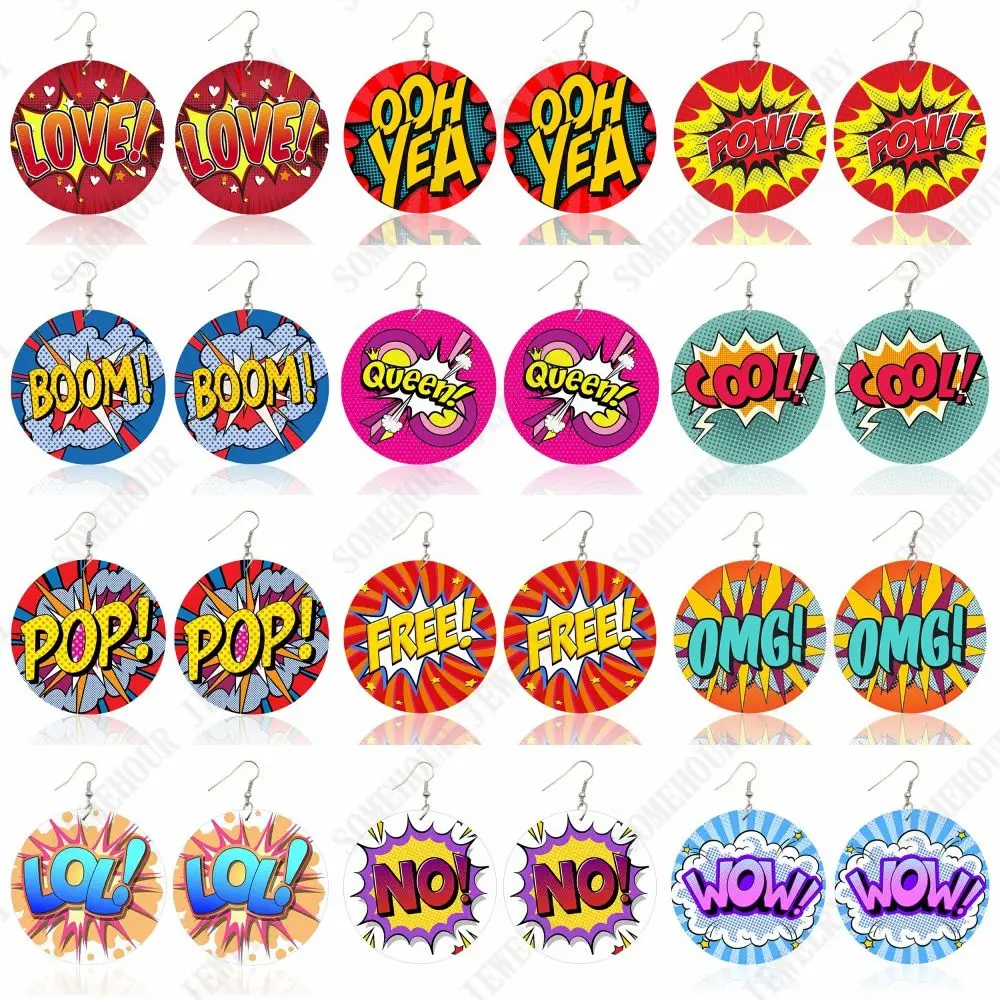 SOMEHOUR Love Queen Boom Comic Print Wooden Drop Earrings OMG LOL Bubble Cartoon Cute Pop Loops Dangle Jewelry Women Girls Gift
