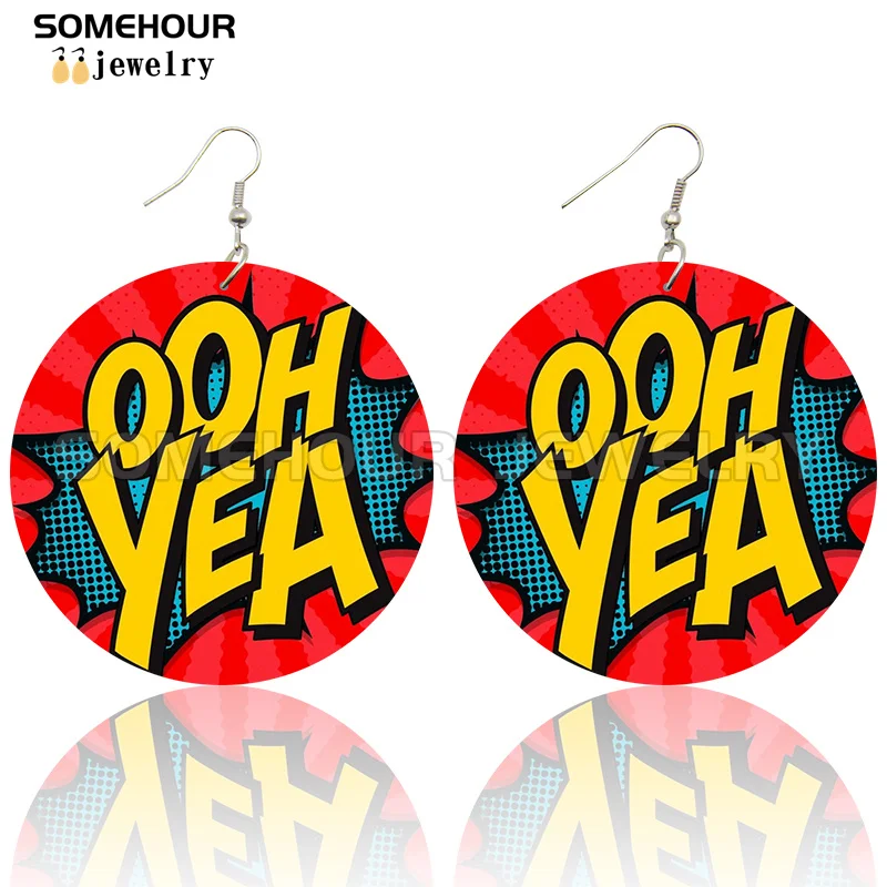 SOMEHOUR Love Queen Boom Comic Print Wooden Drop Earrings OMG LOL Bubble Cartoon Cute Pop Loops Dangle Jewelry Women Girls Gift