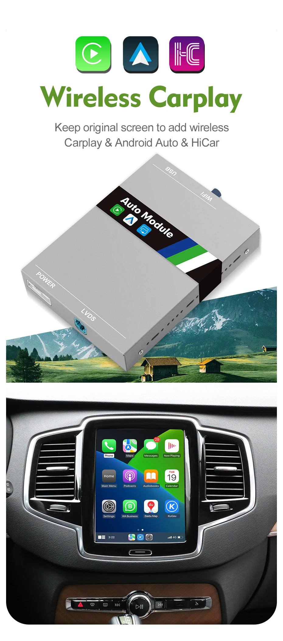 ISUDAR Wireless Carplay For Volvo XC90/XC60/XC40/S90/S60 Full Screen Carplay AI Upgrade Adapter USB Android Auto Hicar