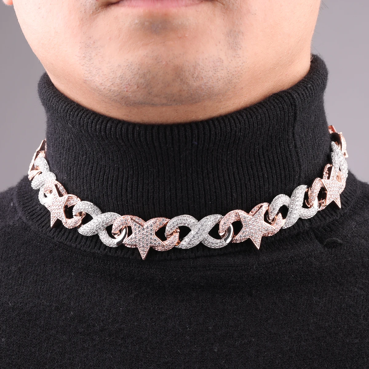 Bubble Letter Golden Color Star Miami Cuban Chain Necklace for Men Iced Out Zircon Hip Hop Link Choker Fashion Rock Jewelry