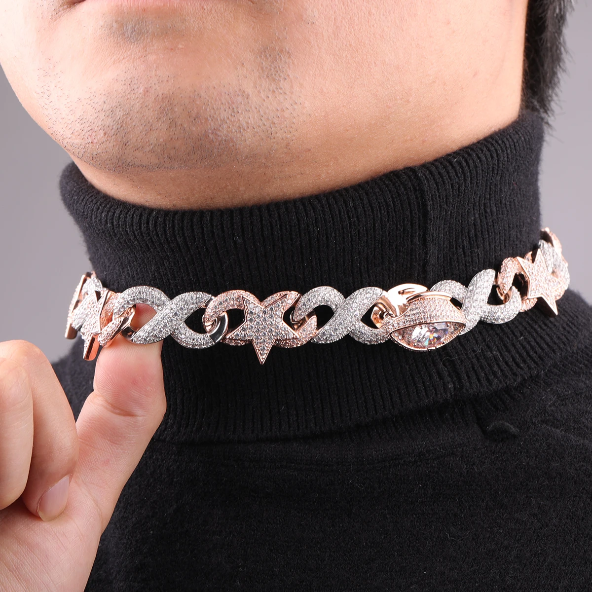 Bubble Letter Golden Color Star Miami Cuban Chain Necklace for Men Iced Out Zircon Hip Hop Link Choker Fashion Rock Jewelry