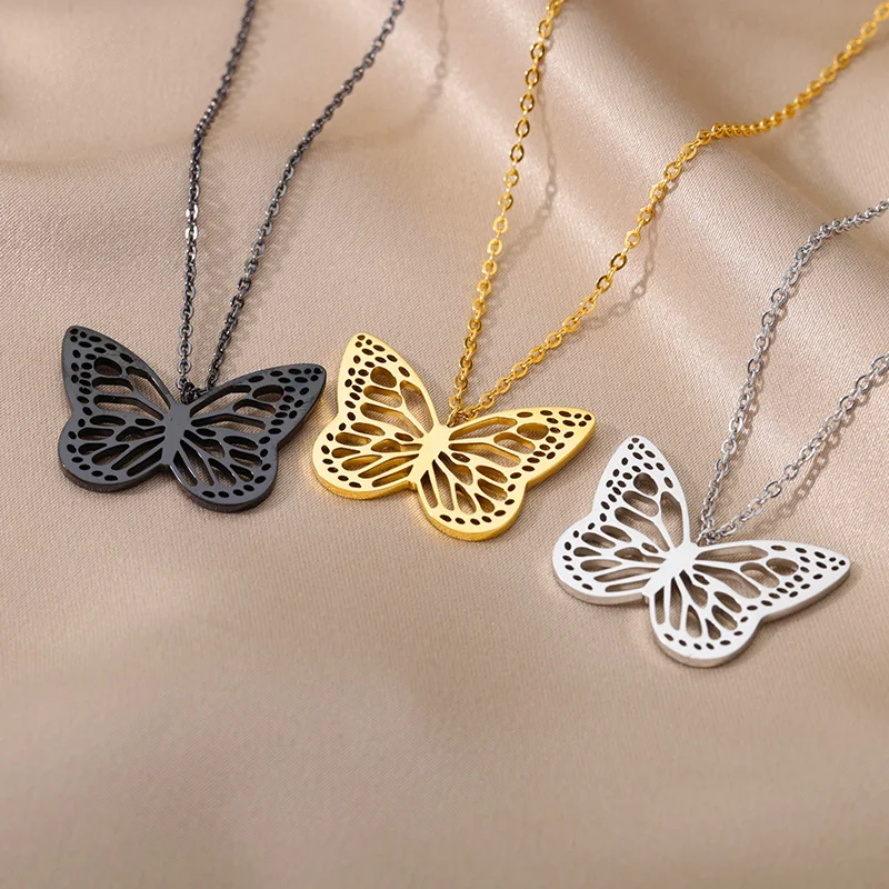 Stainless Steel Butterfly Pendants Necklaces for Women Goth Fashion Gold Color Choker Necklace Aesthetic Wedding Jewelry Gift
