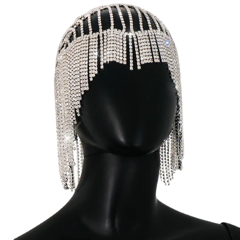 Stonefans Long Tassel Hair Chain Head for Women Backside Forehead Flapper Cap Crystal Headband Hat Bridal Headpiece Jewelry Gift