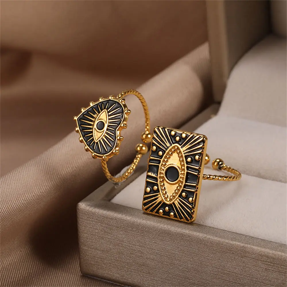 GATTVICT Fashion Turkey Evil Eye Heart Open Rings For Women Ring Turkish Eye Joints Gold Color Rings Men Stainless Steel Jewelry