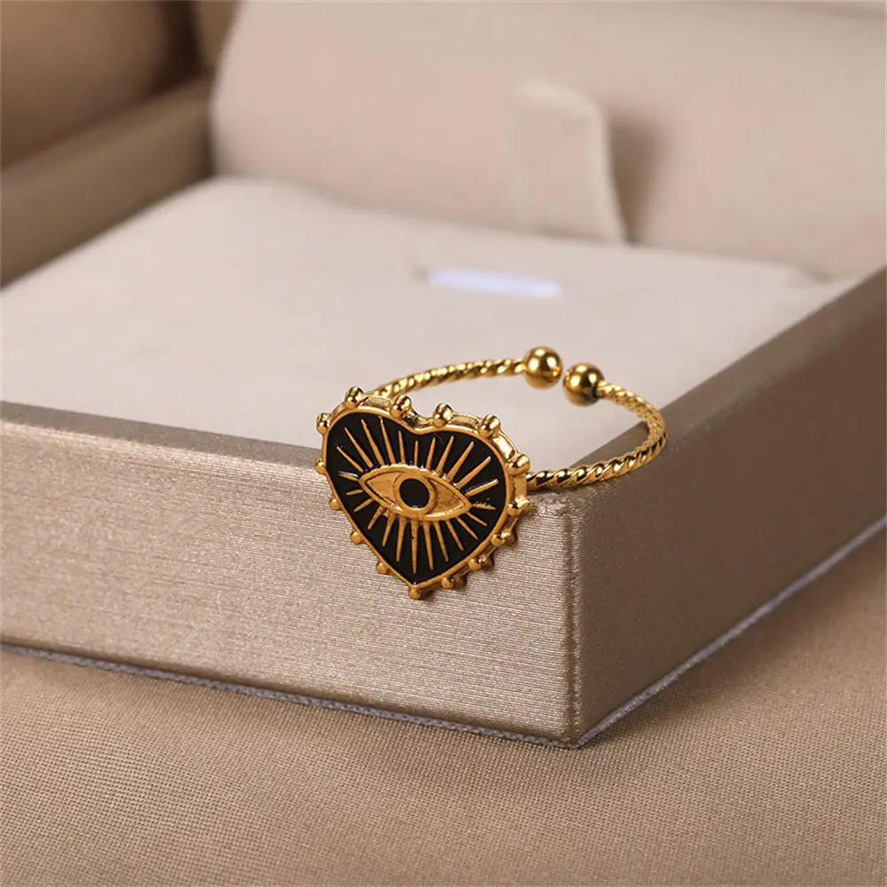 GATTVICT Fashion Turkey Evil Eye Heart Open Rings For Women Ring Turkish Eye Joints Gold Color Rings Men Stainless Steel Jewelry