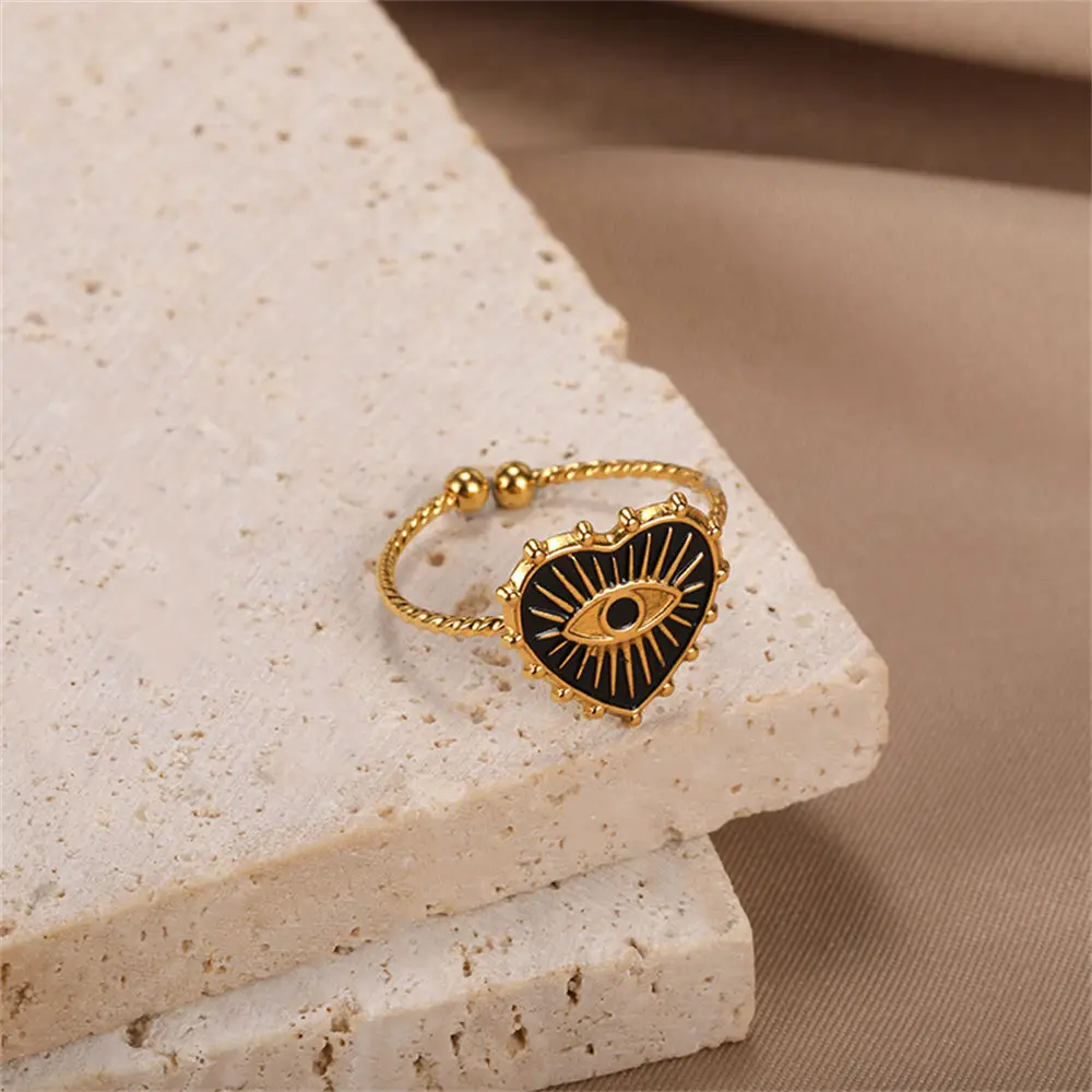 GATTVICT Fashion Turkey Evil Eye Heart Open Rings For Women Ring Turkish Eye Joints Gold Color Rings Men Stainless Steel Jewelry