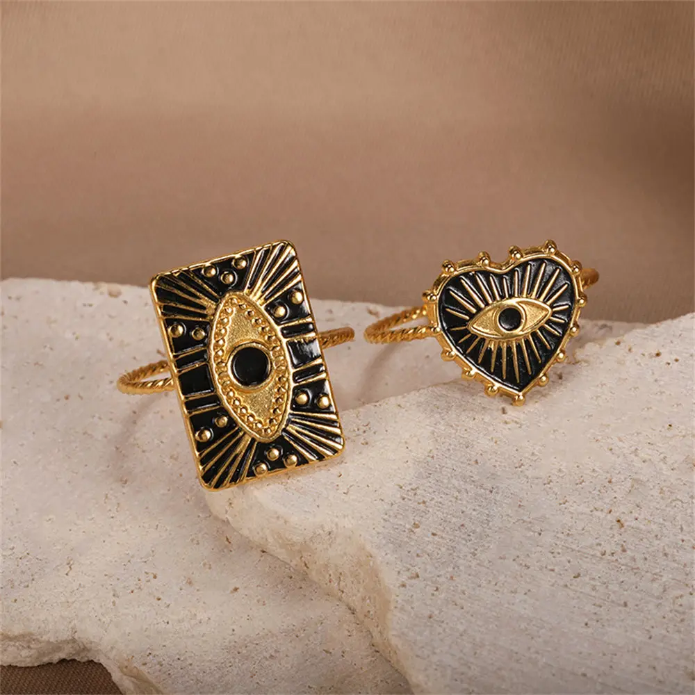 GATTVICT Fashion Turkey Evil Eye Heart Open Rings For Women Ring Turkish Eye Joints Gold Color Rings Men Stainless Steel Jewelry
