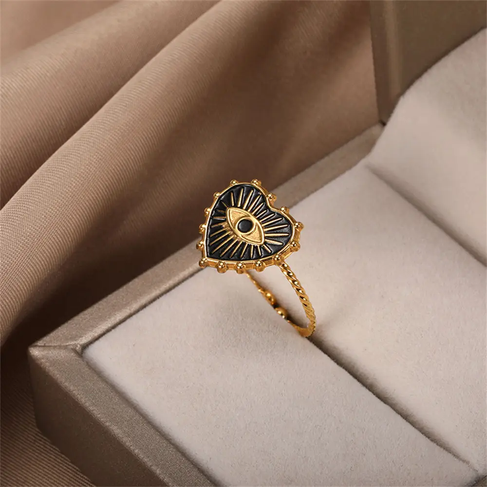 GATTVICT Fashion Turkey Evil Eye Heart Open Rings For Women Ring Turkish Eye Joints Gold Color Rings Men Stainless Steel Jewelry