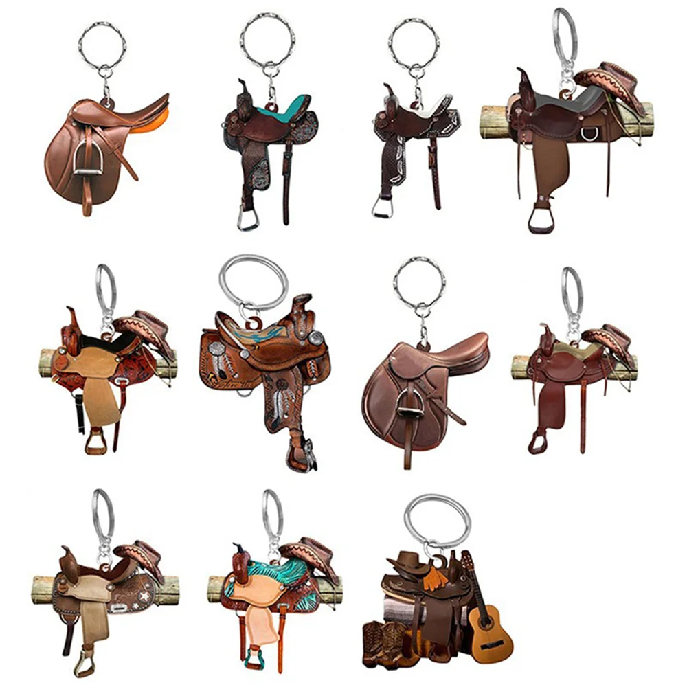 Horse Western Cowboy Saddle Shape Keychain Acrylic Charm Pendant Hanging Keyring Decoration Car Key Rings Holder Gifts Not 3D