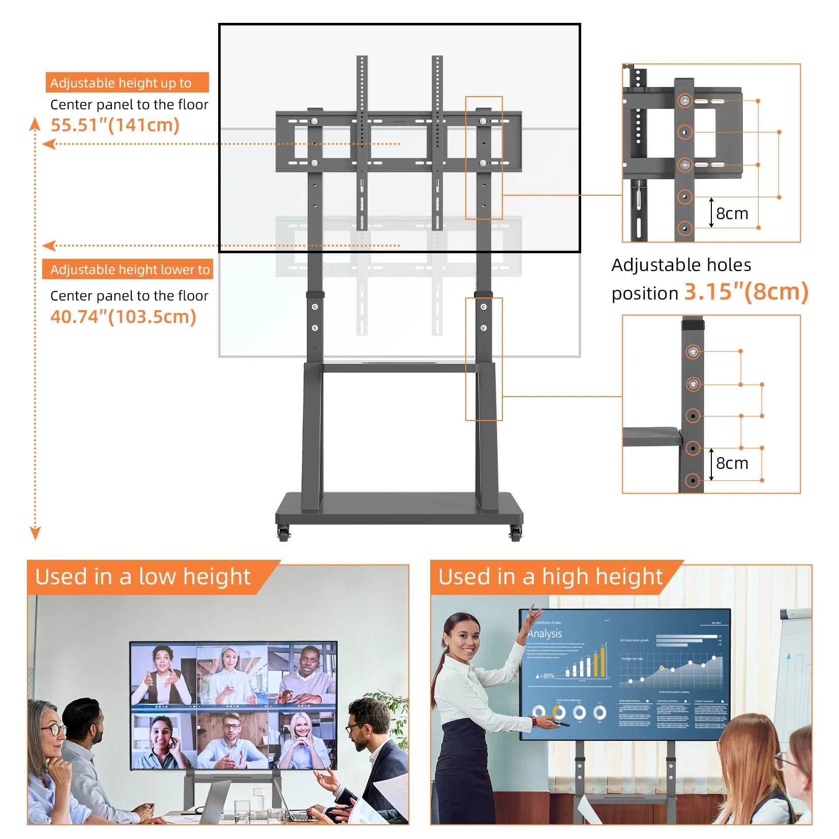 Heavy Duty Mobile TV Cart Stand Height Adjustable Stable TV Trolley with 2 Tier Storage Shelves