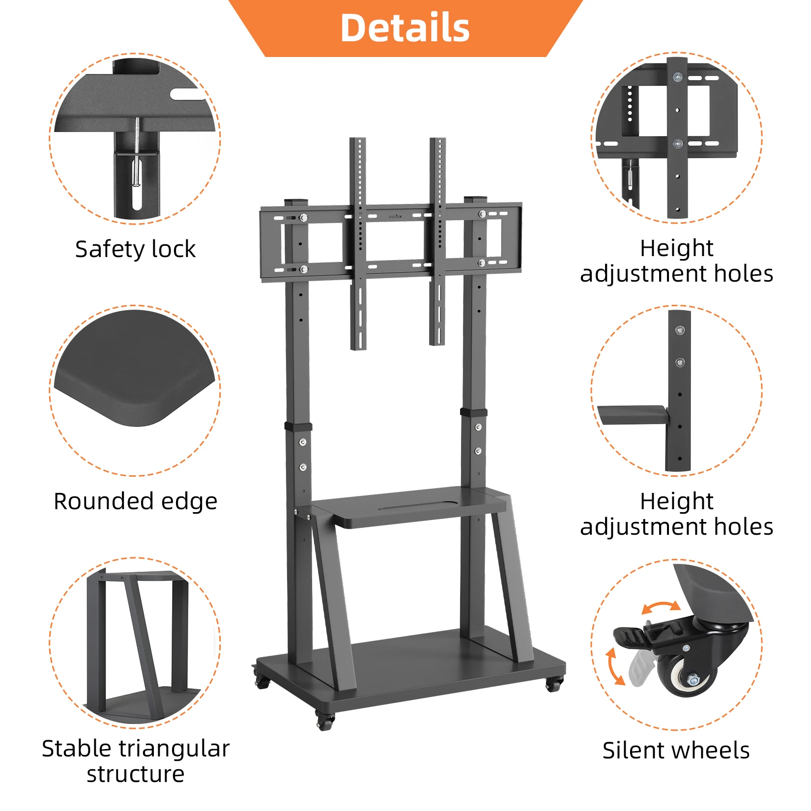 Heavy Duty Mobile TV Cart Stand Height Adjustable Stable TV Trolley with 2 Tier Storage Shelves
