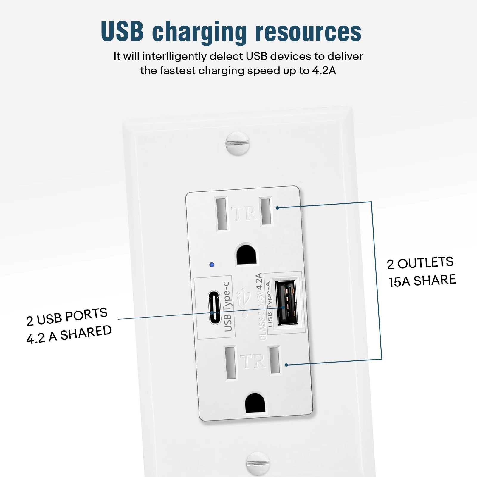 2PK 4.2/5.8A 110V Dual USB Port Type C Wall Socket with LED Indicator Charger AC Power Receptacle Tamper Resistant Outlet Panel