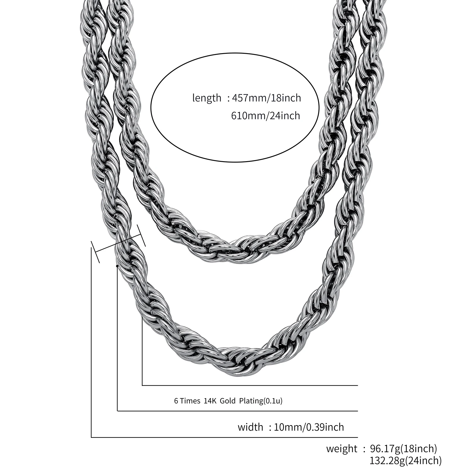 GUCY 10mm Rope Chain Necklace Lowkey fashion Stainless Steel Men Women Jewelry Gifts