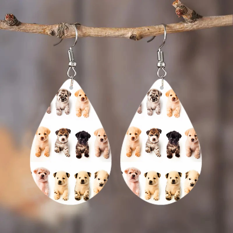 SOMESOOR Cute Animal Series Ear Jewelry - Cartoon Puppy Kitten Cow Pattern Print Wooden Teardrop Earrings For Girls Kid Daughter