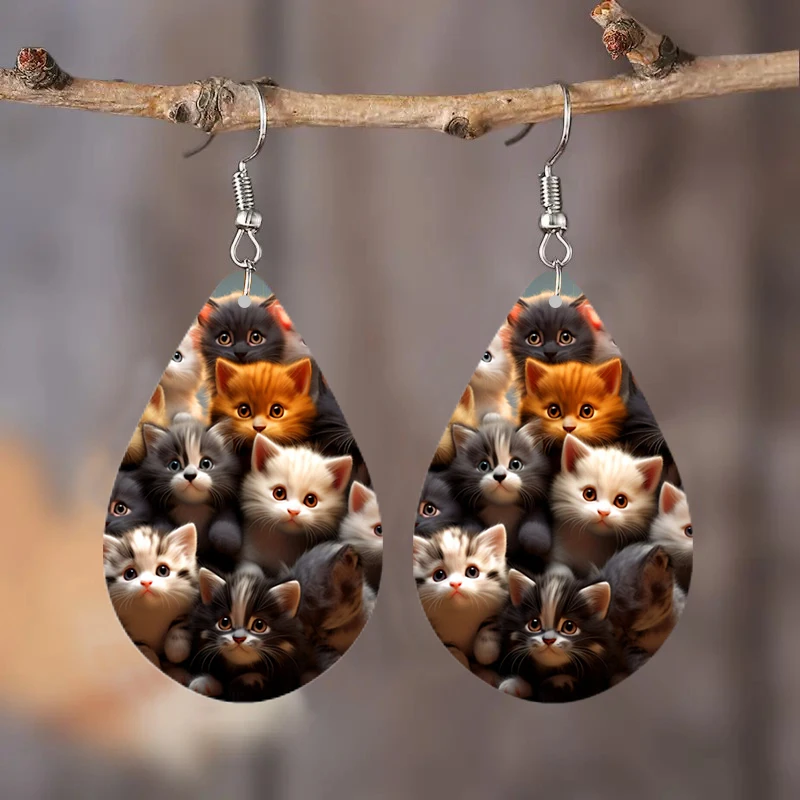 SOMESOOR Cute Animal Series Ear Jewelry - Cartoon Puppy Kitten Cow Pattern Print Wooden Teardrop Earrings For Girls Kid Daughter