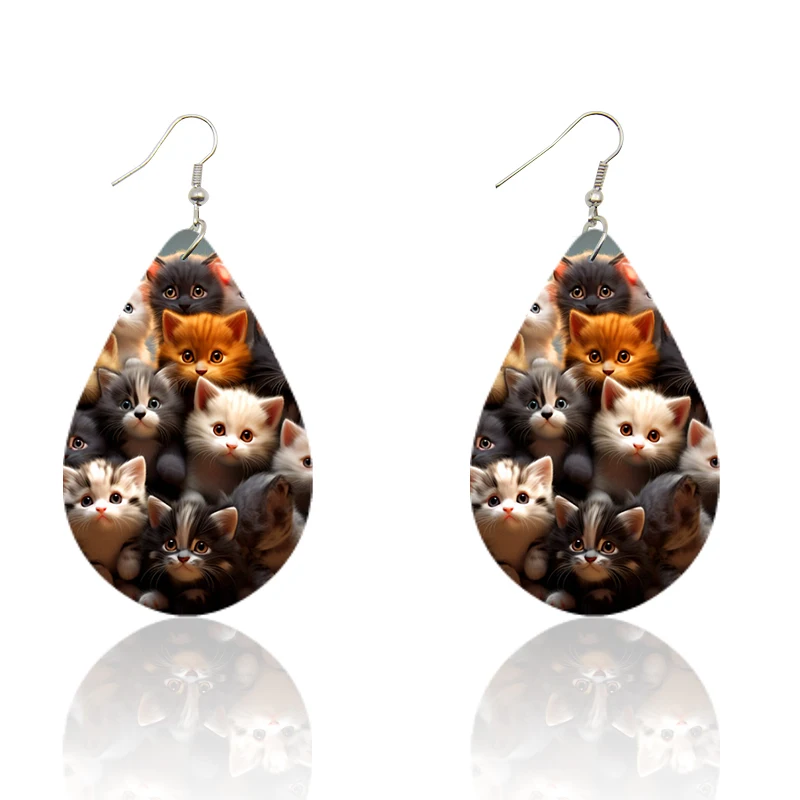 SOMESOOR Cute Animal Series Ear Jewelry - Cartoon Puppy Kitten Cow Pattern Print Wooden Teardrop Earrings For Girls Kid Daughter