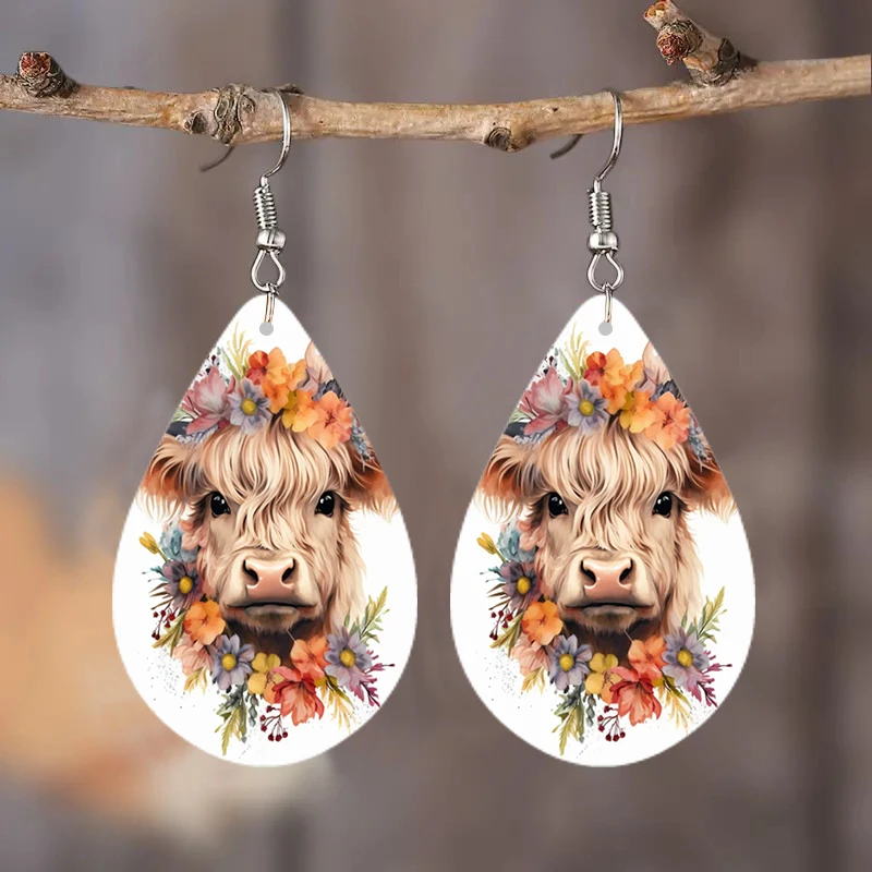 SOMESOOR Cute Animal Series Ear Jewelry - Cartoon Puppy Kitten Cow Pattern Print Wooden Teardrop Earrings For Girls Kid Daughter