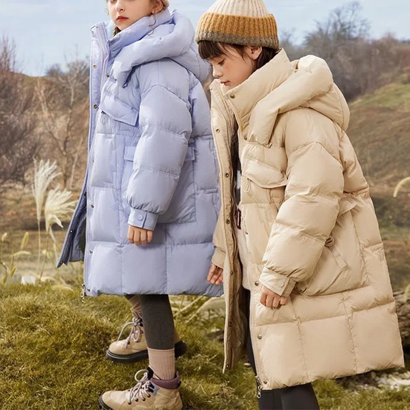 Winter Girl's Thickness White Duck Down Jacket Girls Long Warm Puffer Coat Boys Waterproof Hooded Parkas Kids Snow Outerwear
