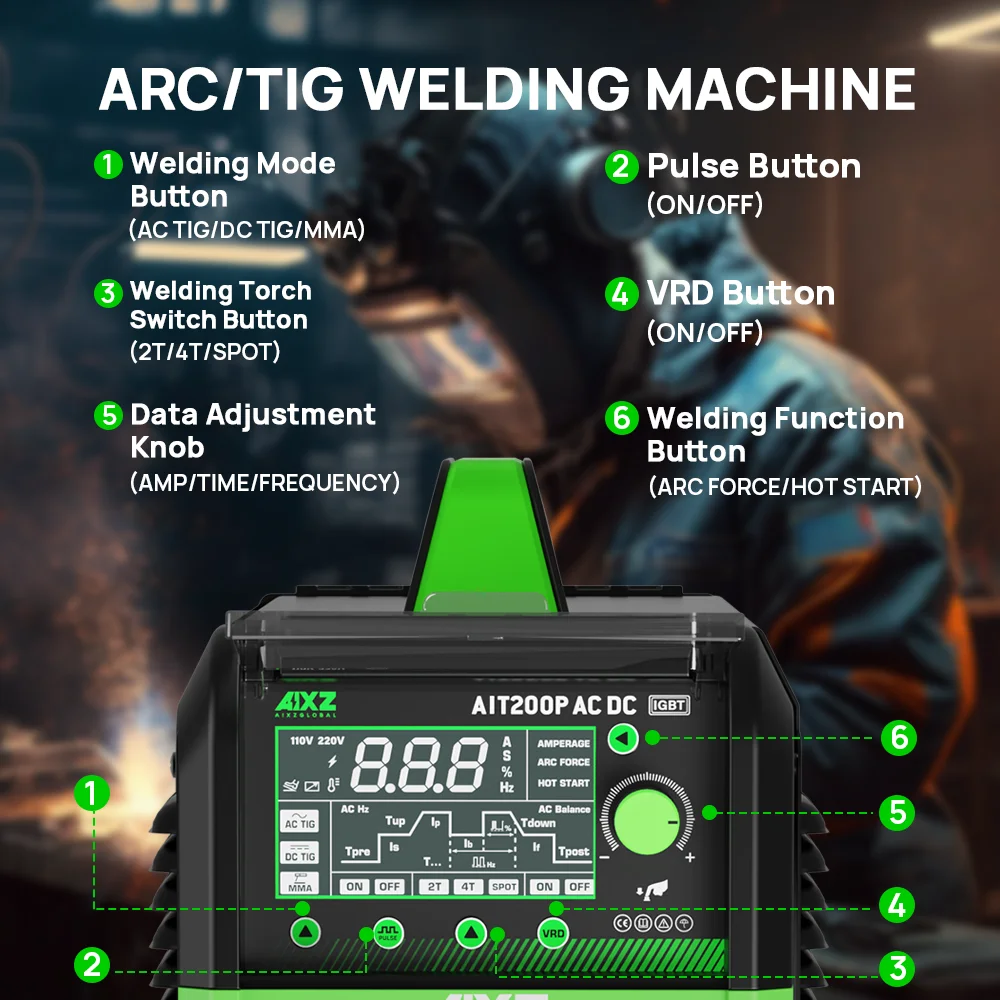 AC/DC TIG Welder 200A Pulse AIT200P AIXZ 5 in 1 HF TIG ARC Stick Spot Welder Aluminum IGBT Inverter Welding Machine EU Plug